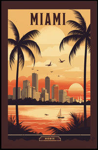 Miami Sunset Vintage Travel Scene Urban or Cityscape Poster PosterGoat