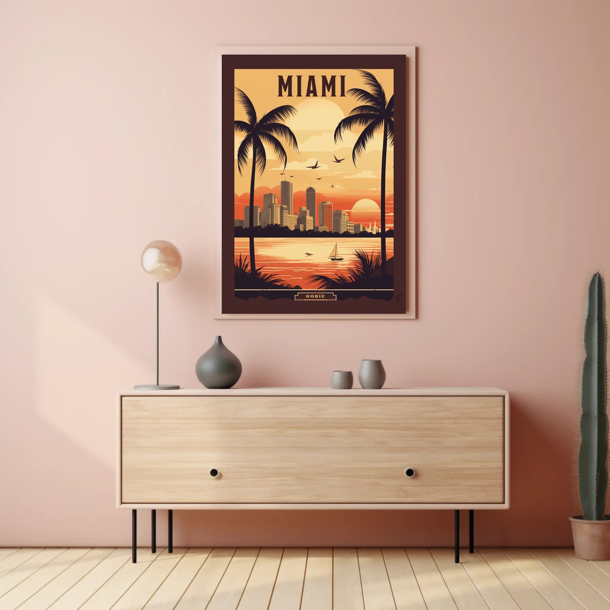 Miami Sunset Vintage Travel Scene Urban or Cityscape Poster PosterGoat