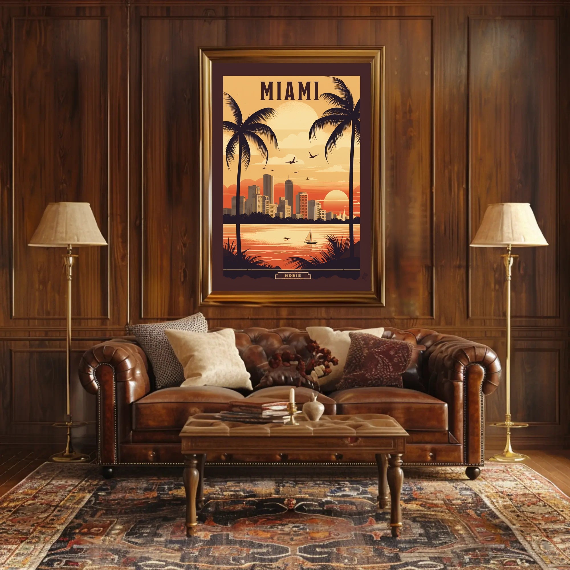 Miami Sunset Vintage Travel Scene Urban or Cityscape Poster PosterGoat