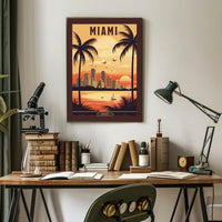 Miami Sunset Vintage Travel Scene Urban or Cityscape Poster PosterGoat
