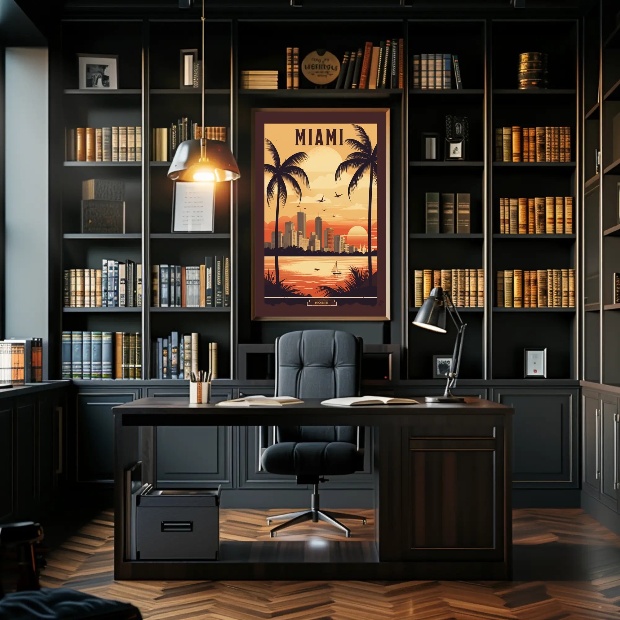 Miami Sunset Vintage Travel Scene Urban or Cityscape Poster PosterGoat