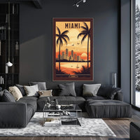 Miami Sunset Vintage Travel Scene Urban or Cityscape Poster PosterGoat