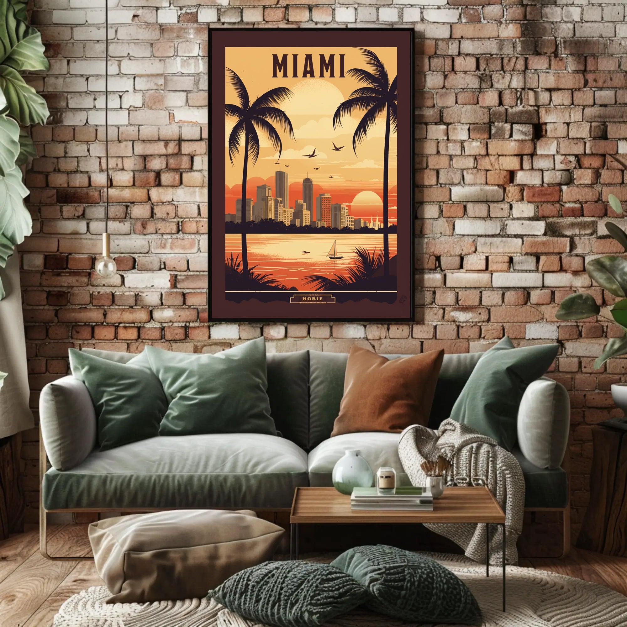 Miami Sunset Vintage Travel Scene Urban or Cityscape Poster PosterGoat