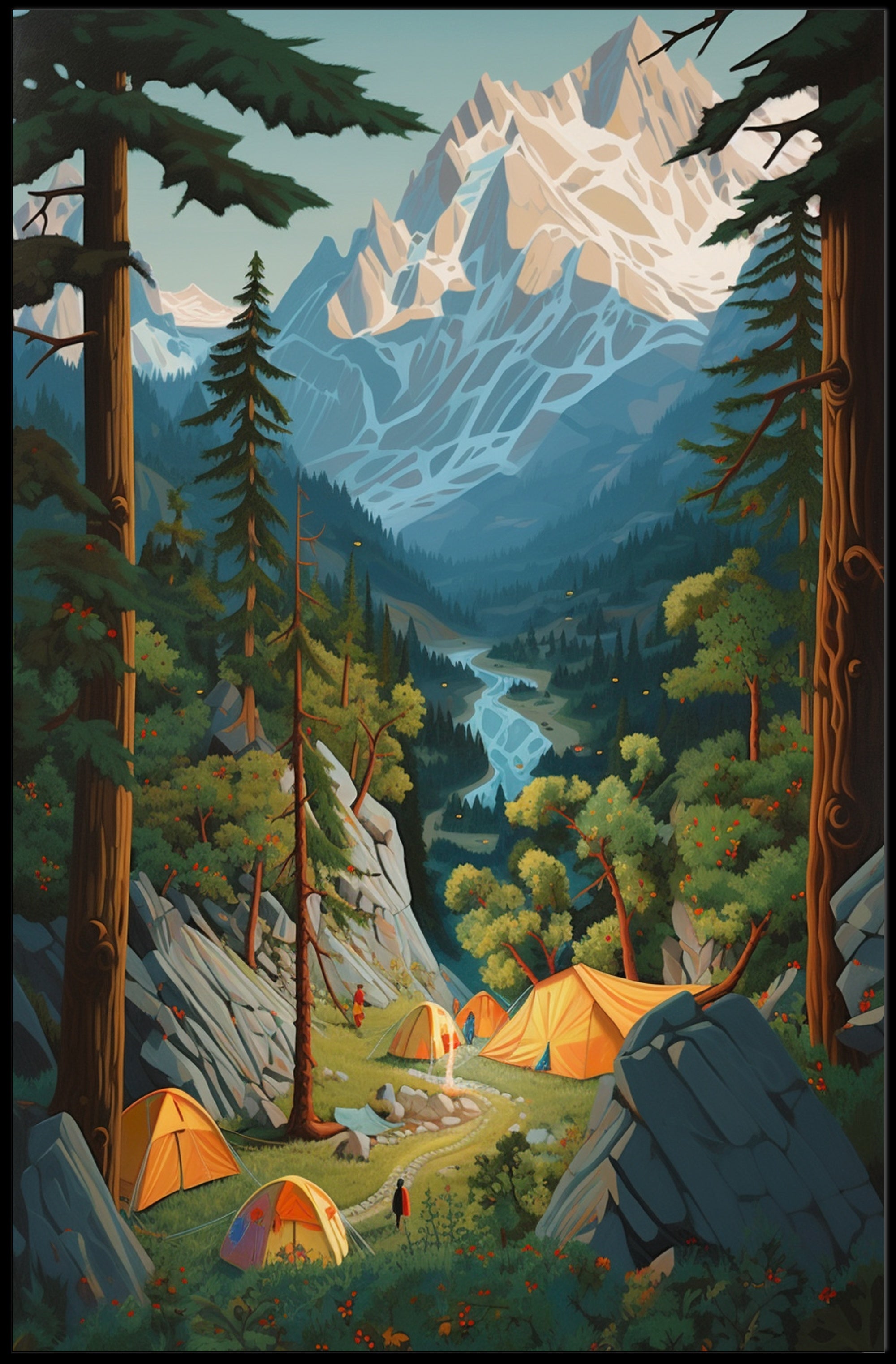 Mid-Century Inspired Serene Campsite Travel Poster PosterGoat