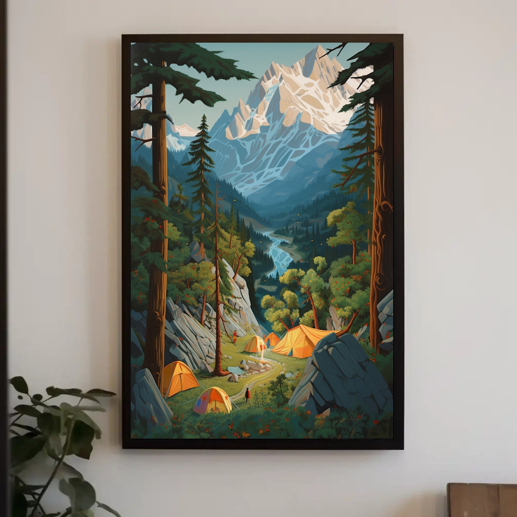 Mid-Century Inspired Serene Campsite Travel Poster PosterGoat