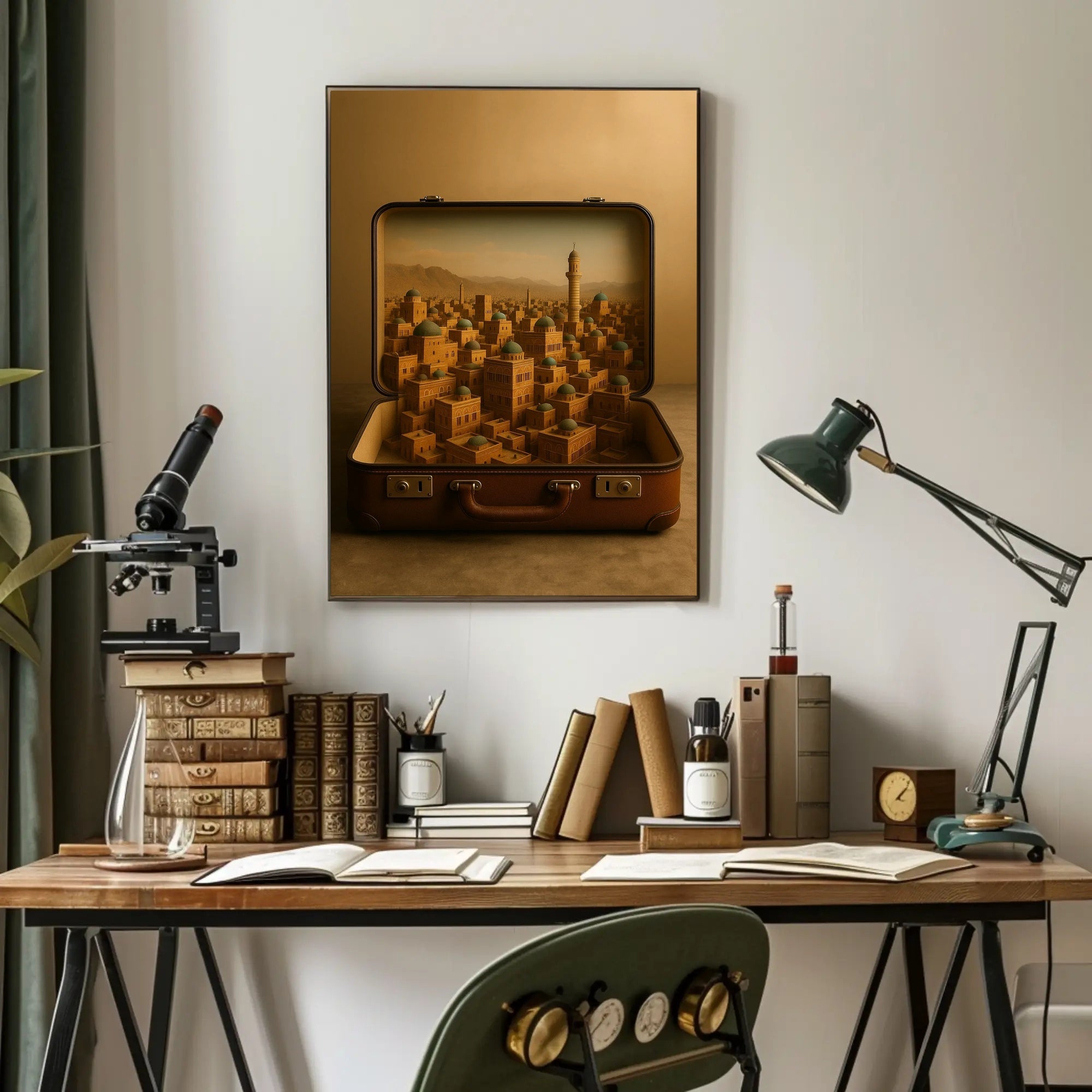 Miniature Cityscape in Suitcase: Surreal Urban Cityscape Poster PosterGoat