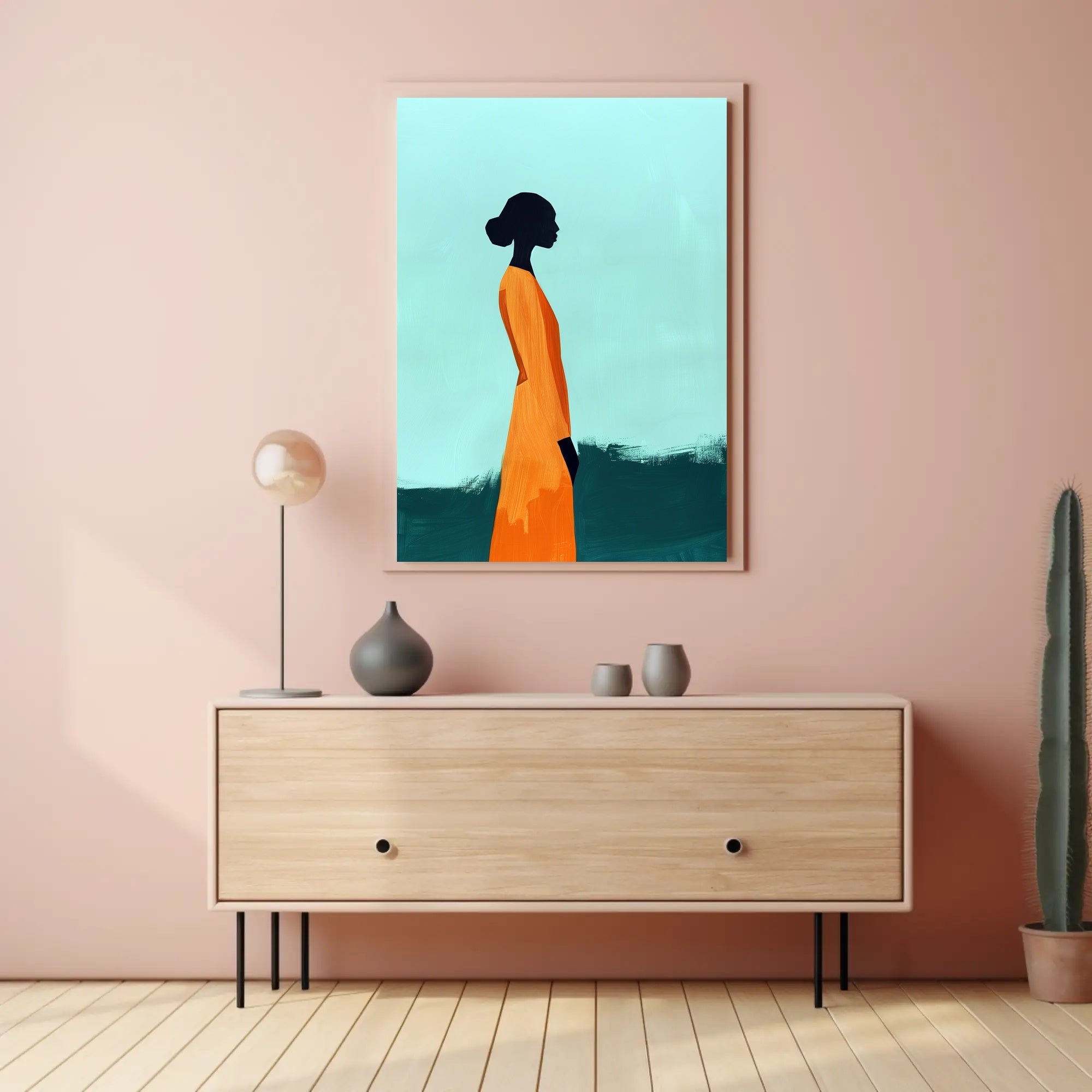 Minimalist Silhouette with Orange Dress - Abstract Artistic Poster PosterGoat