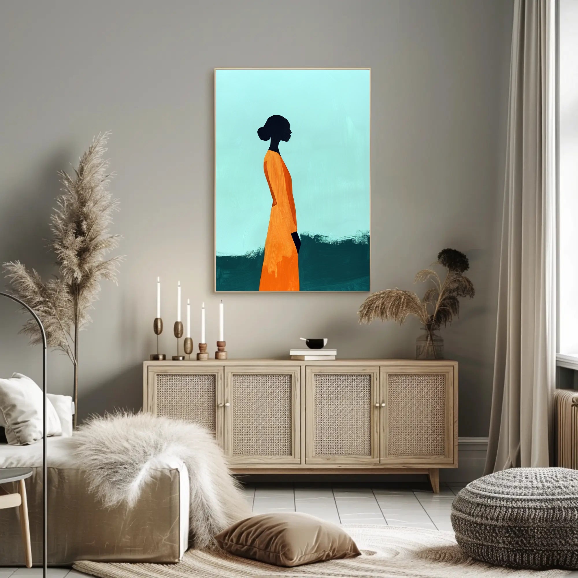 Minimalist Silhouette with Orange Dress - Abstract Artistic Poster PosterGoat