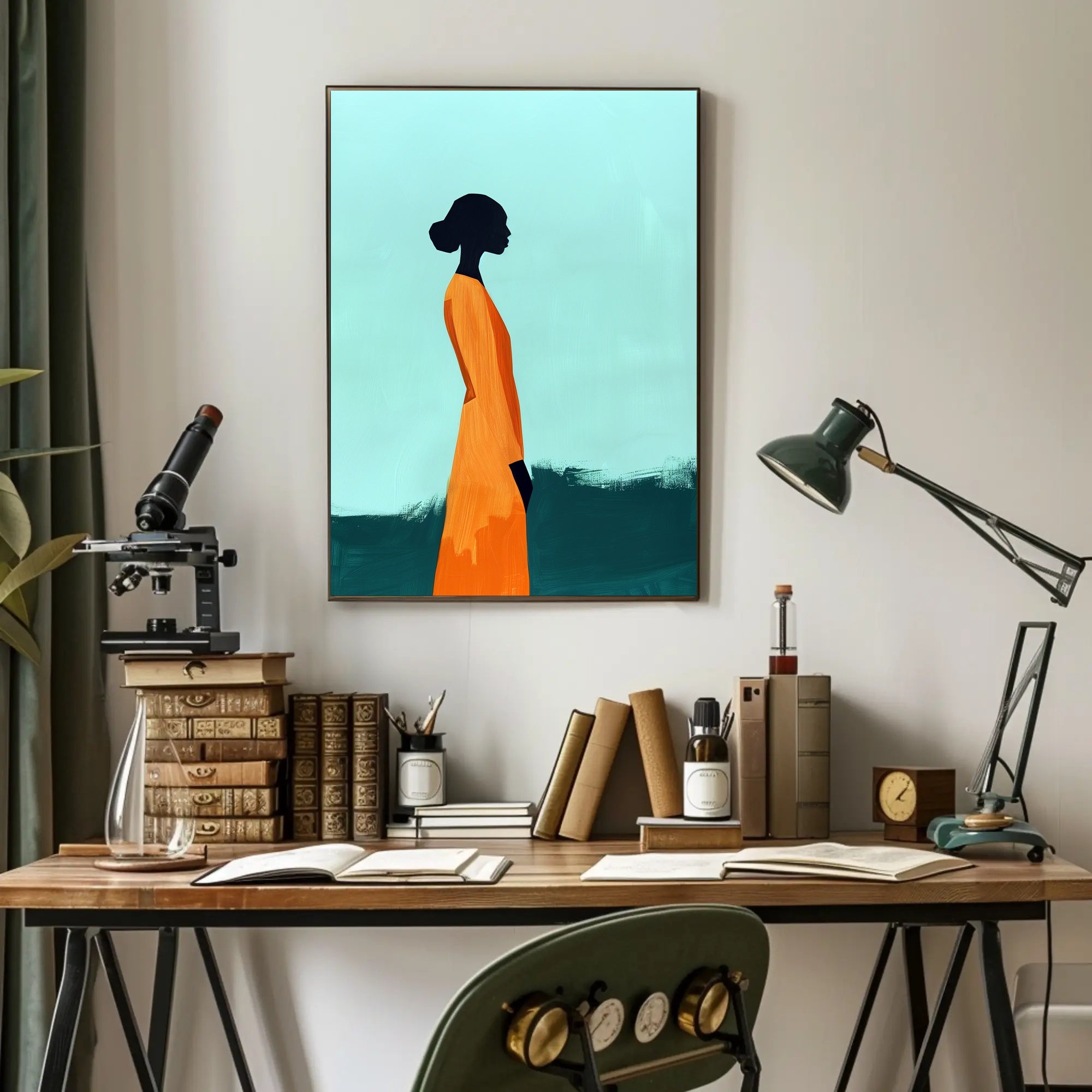 Minimalist Silhouette with Orange Dress - Abstract Artistic Poster PosterGoat