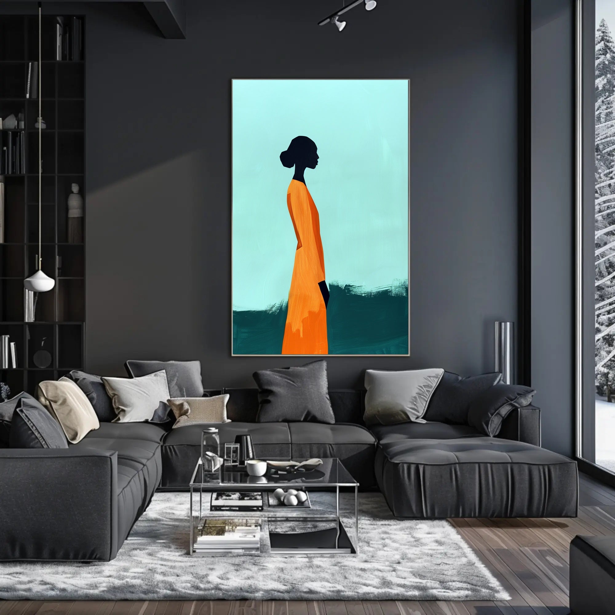 Minimalist Silhouette with Orange Dress - Abstract Artistic Poster PosterGoat