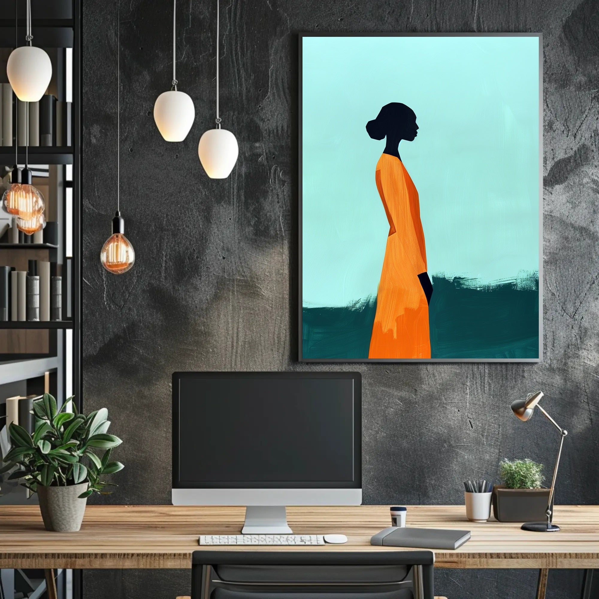 Minimalist Silhouette with Orange Dress - Abstract Artistic Poster PosterGoat