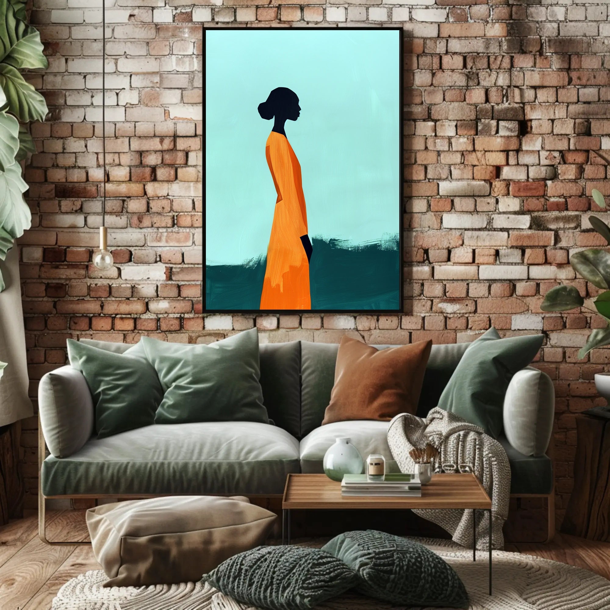 Minimalist Silhouette with Orange Dress - Abstract Artistic Poster PosterGoat