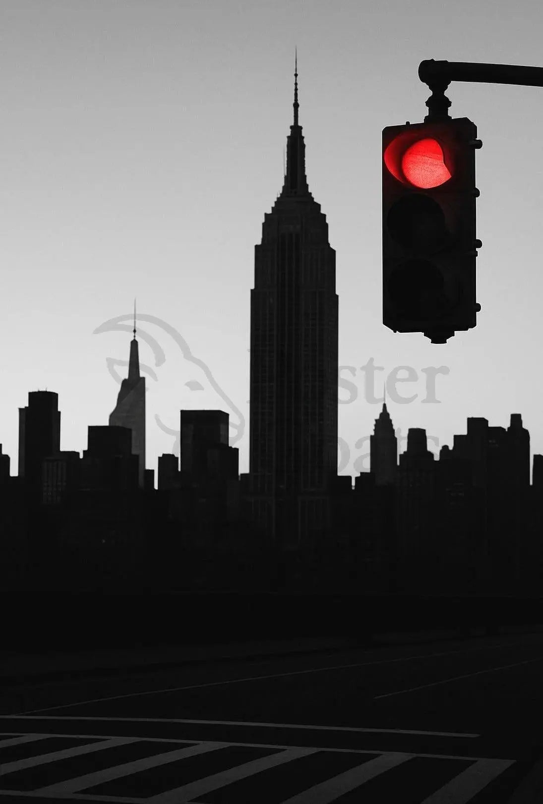 Minimalist Urban Skyline with Red Light Pop Culture Poster PosterGoat