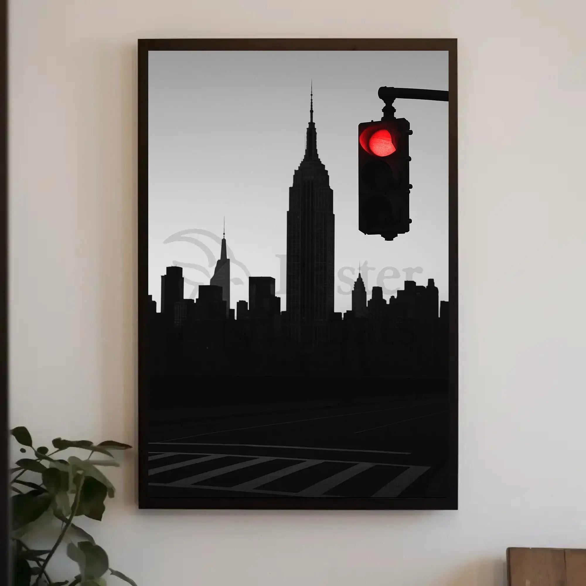 Minimalist Urban Skyline with Red Light Pop Culture Poster PosterGoat