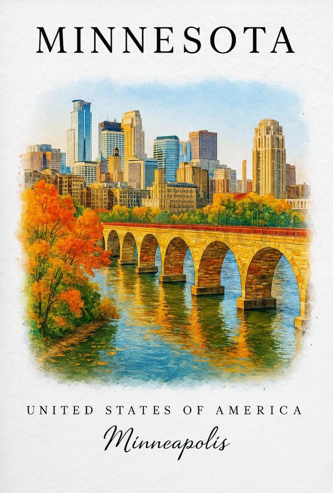 Minneapolis Autumn Skyline Watercolor Travel Poster PosterGoat