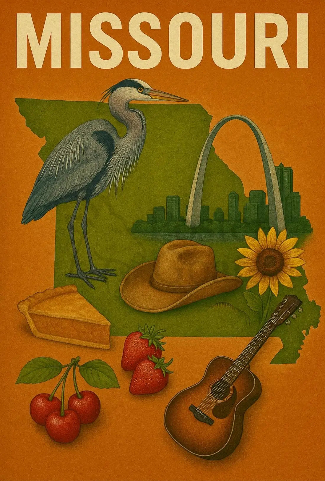 Missouri's Rich Heritage Illustrated Retro-Style Cultural Poster PosterGoat