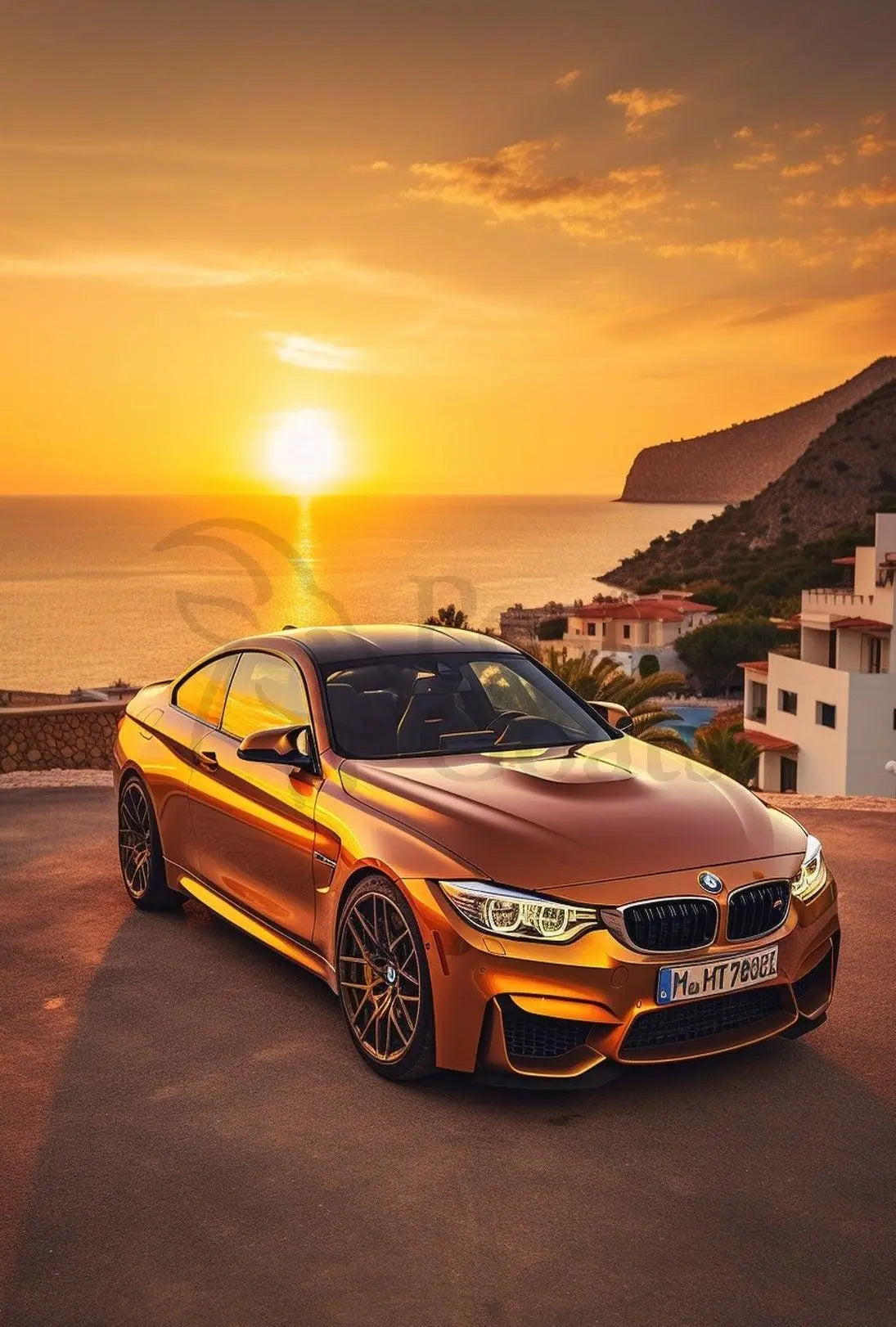 Modern Luxury Car Coastal Sunset Artistic, Pop Culture Poster PosterGoat