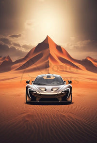 Modern Sports Car Adventure in Desert Landscape Poster PosterGoat