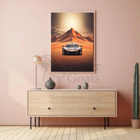 Modern Sports Car Adventure in Desert Landscape Poster PosterGoat