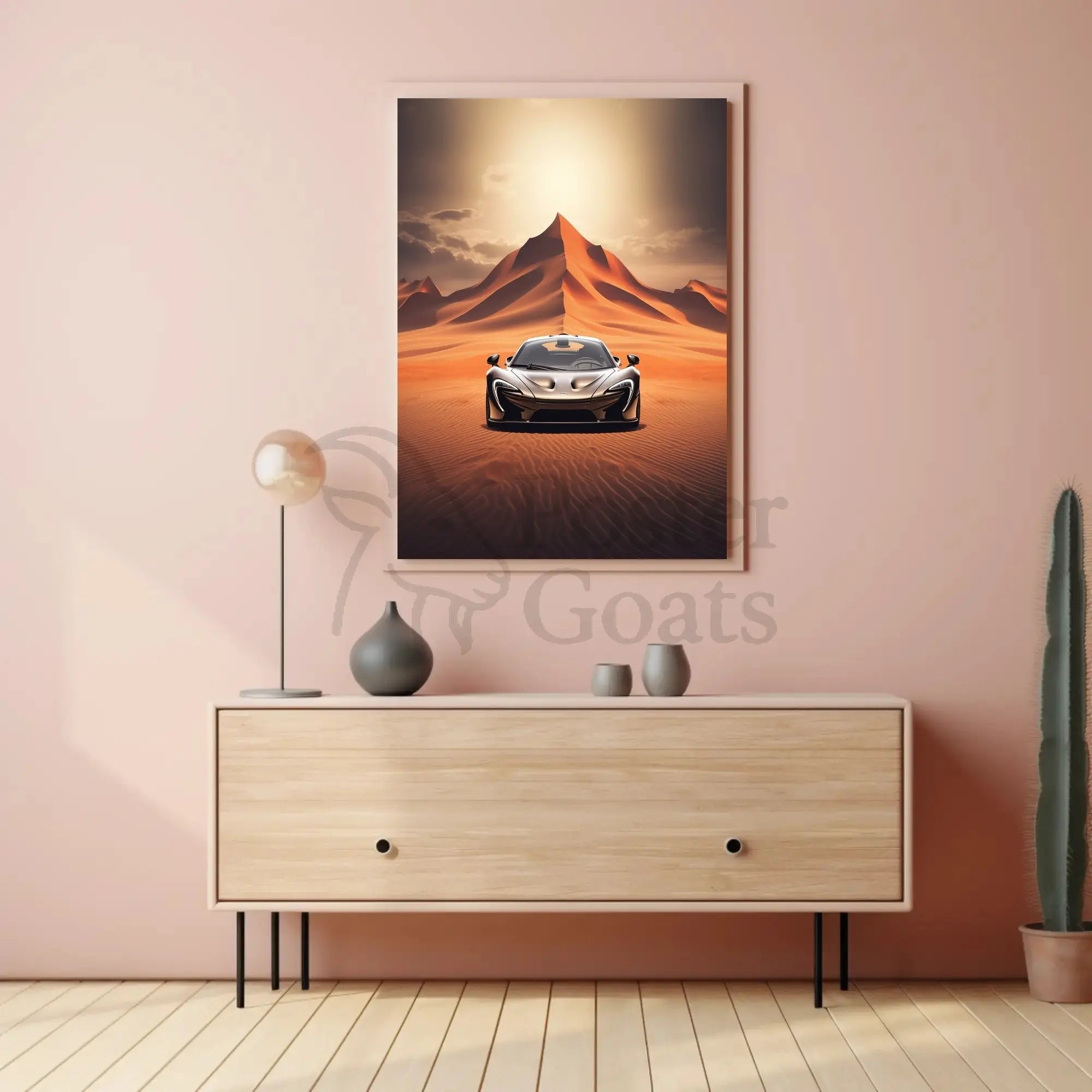 Modern Sports Car Adventure in Desert Landscape Poster PosterGoat