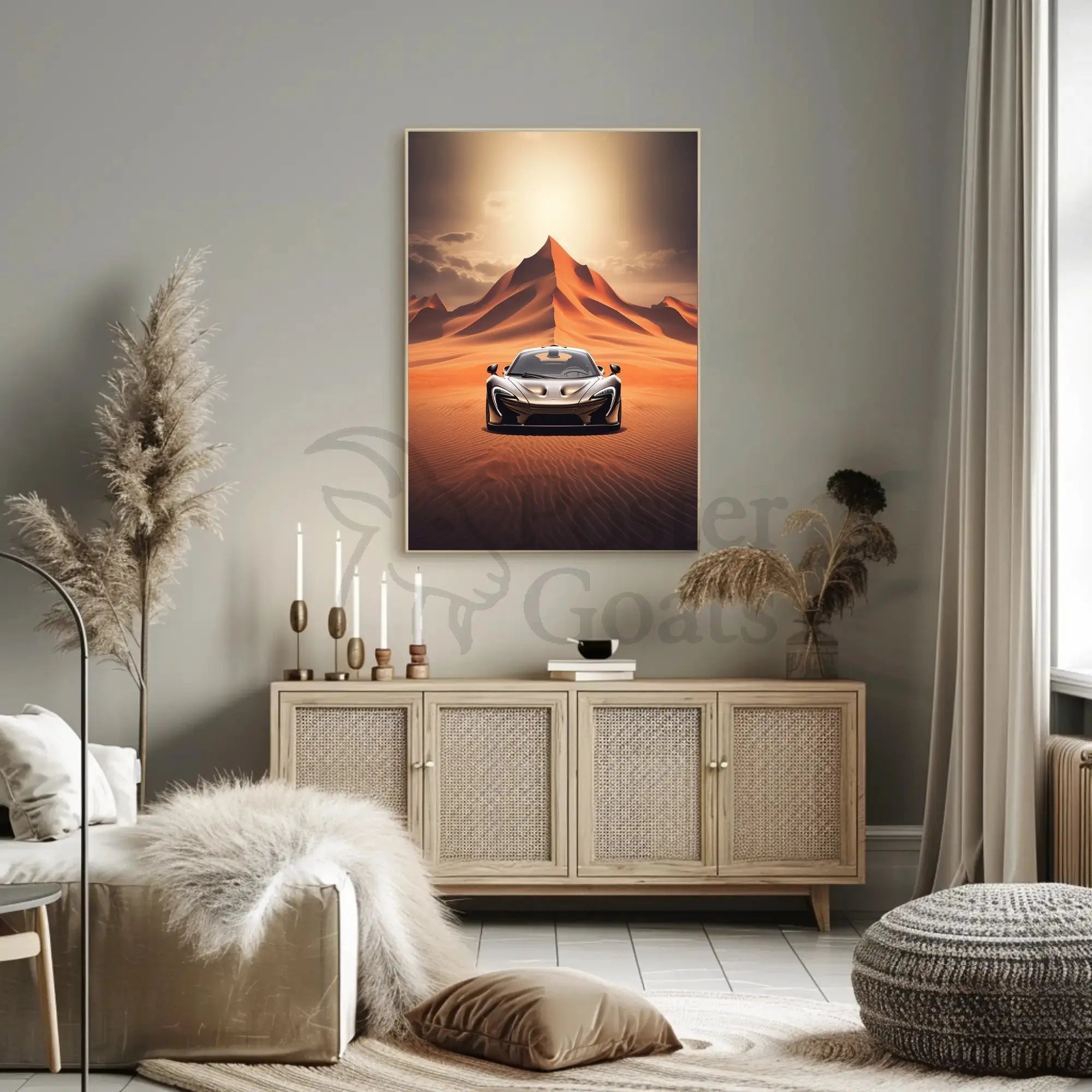 Modern Sports Car Adventure in Desert Landscape Poster PosterGoat