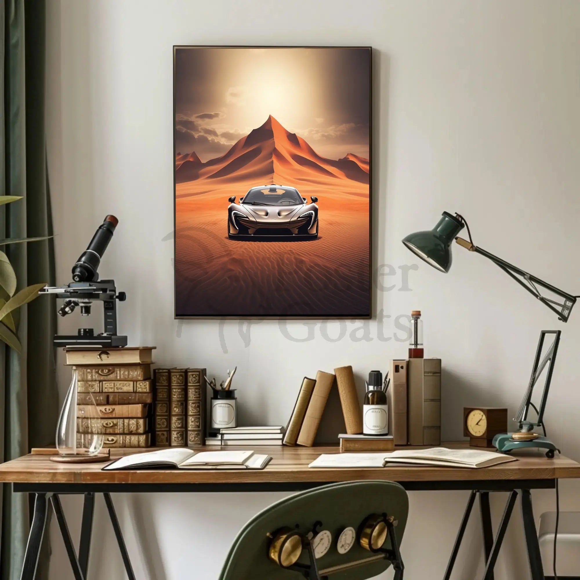 Modern Sports Car Adventure in Desert Landscape Poster PosterGoat