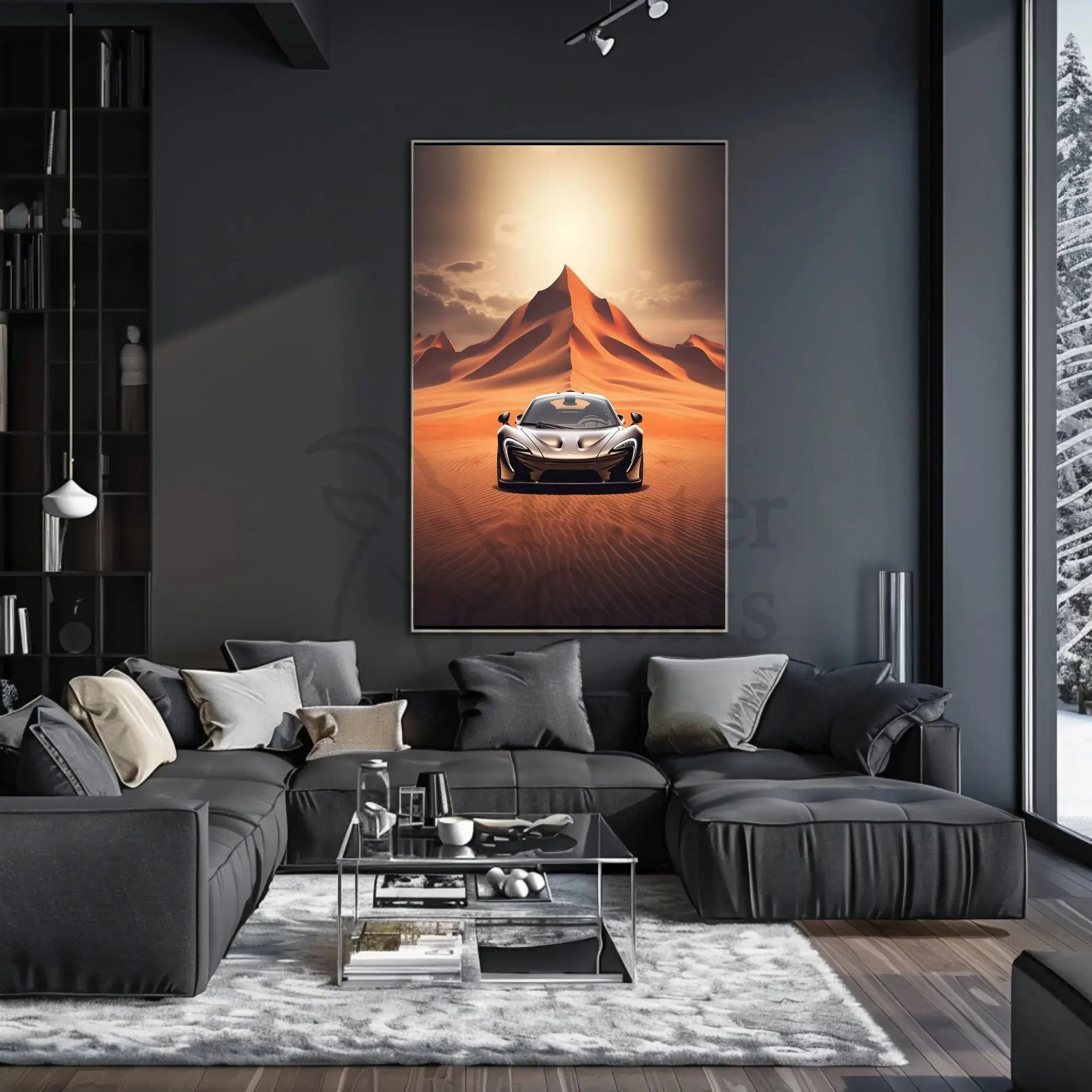 Modern Sports Car Adventure in Desert Landscape Poster PosterGoat