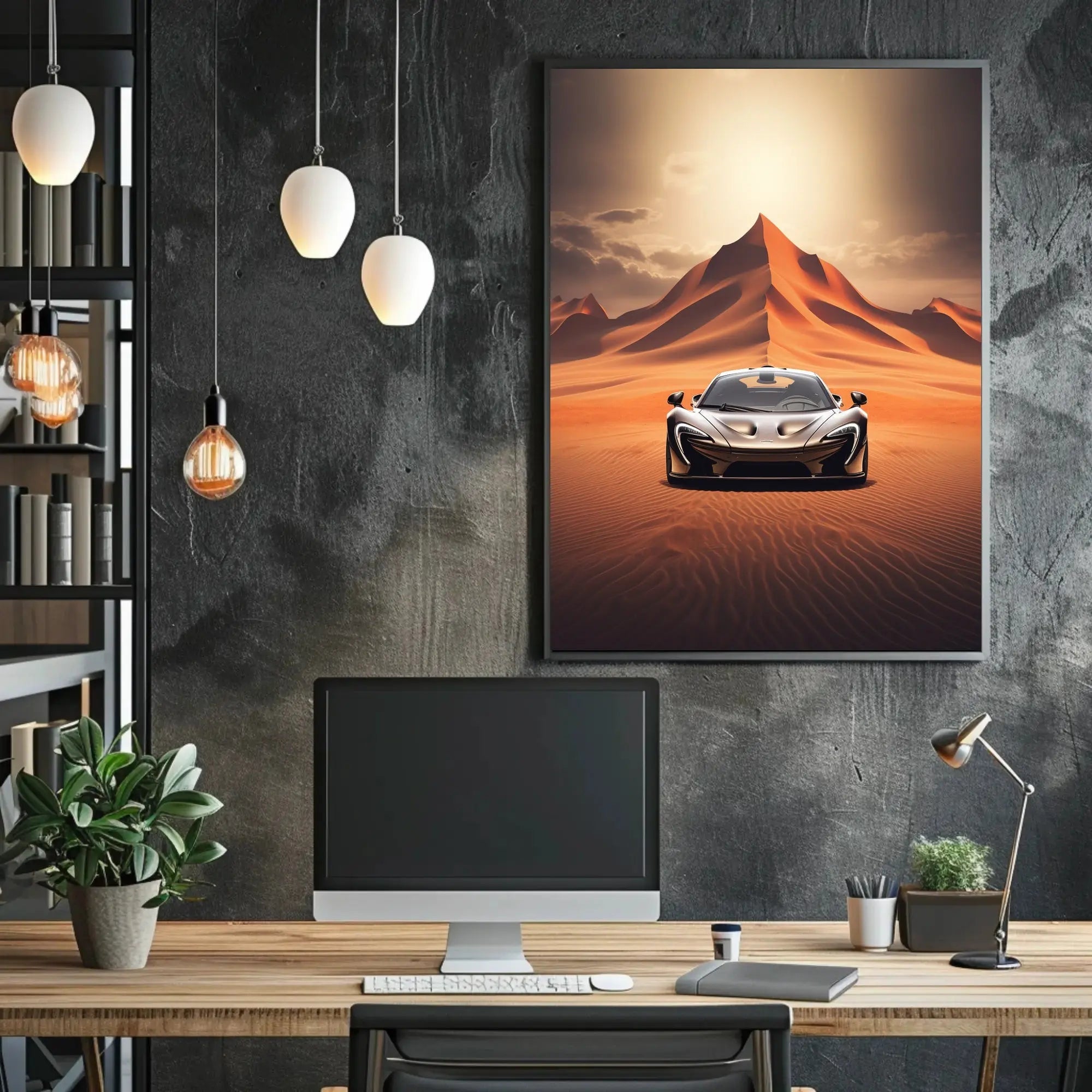 Modern Sports Car Adventure in Desert Landscape Poster PosterGoat