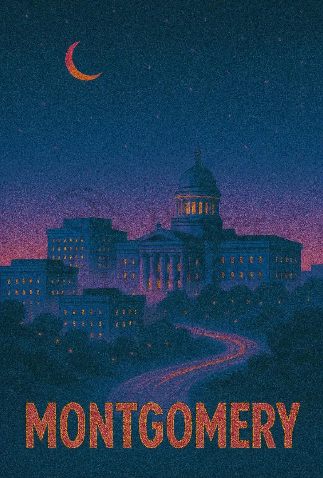 Montgomery Nighttime Cityscape Retro Travel Poster PosterGoat