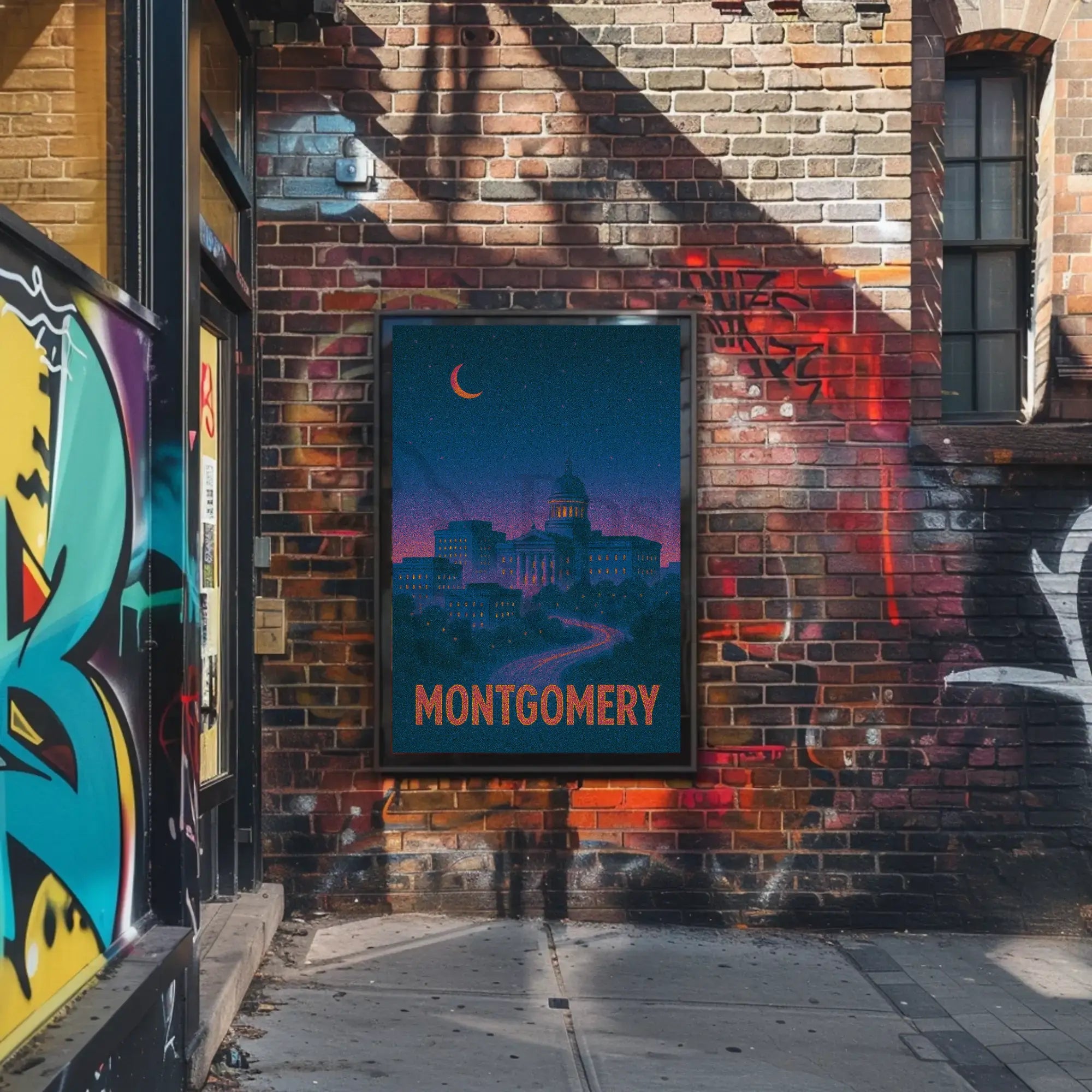 Montgomery Nighttime Cityscape Retro Travel Poster PosterGoat