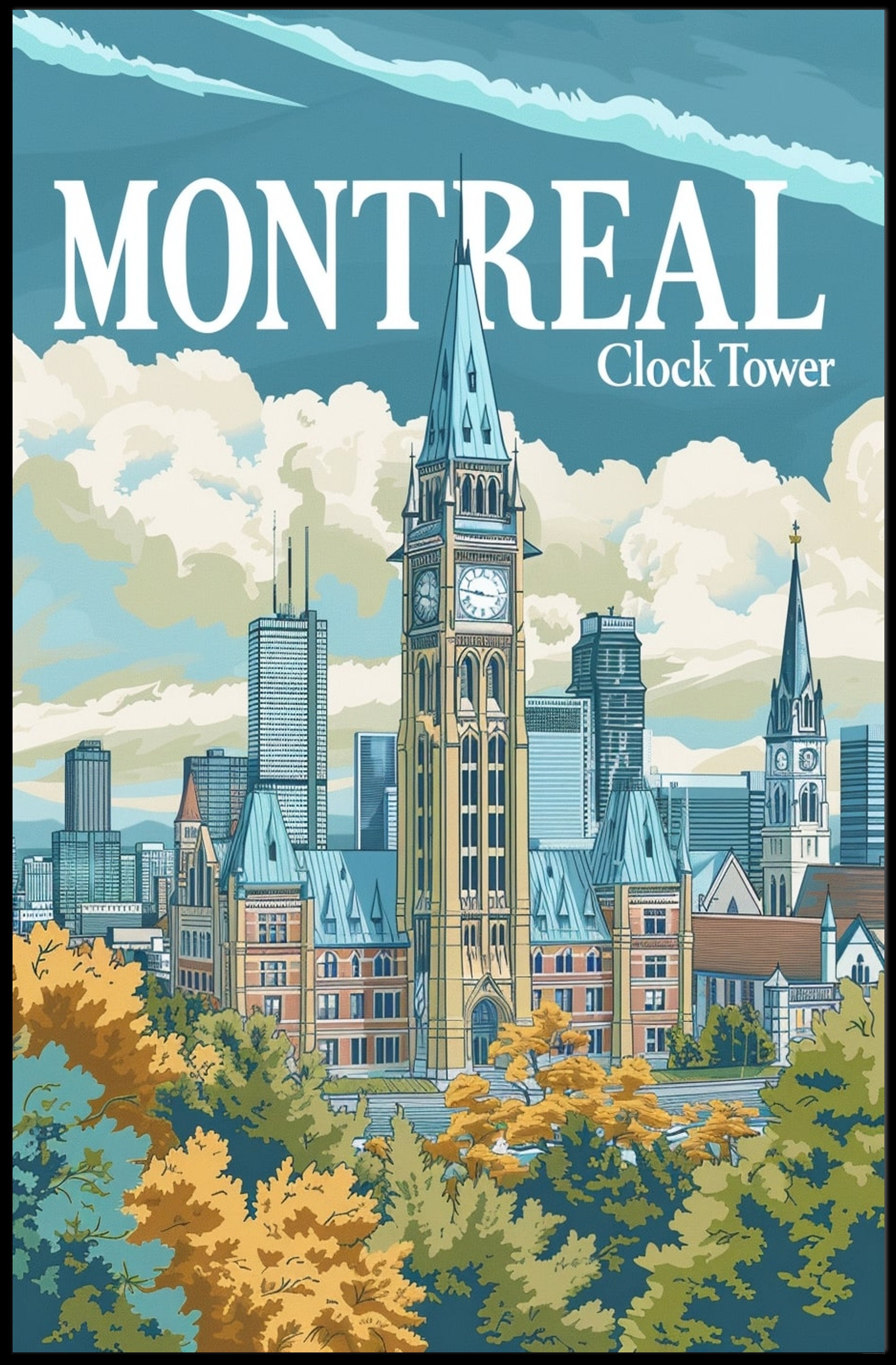 Montreal Clock Tower Vintage Cityscape Travel Poster PosterGoat