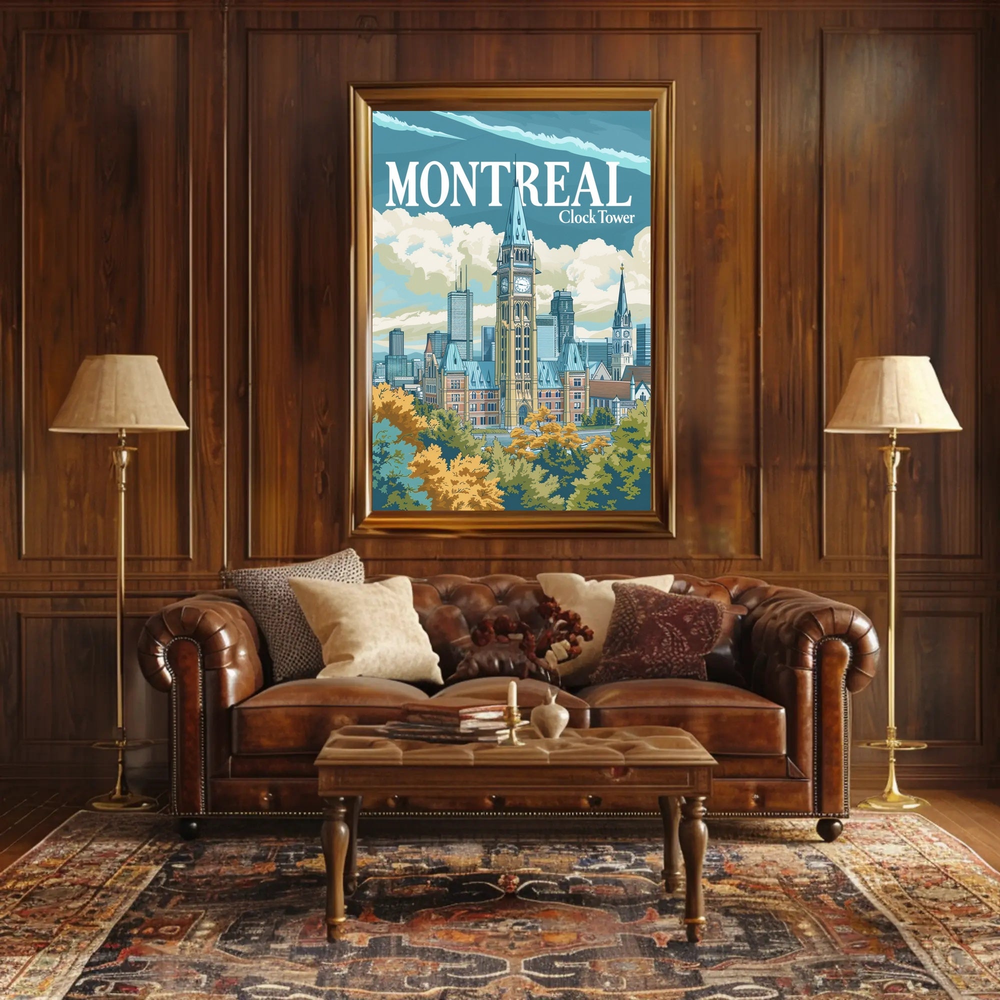 Montreal Clock Tower Vintage Cityscape Travel Poster PosterGoat