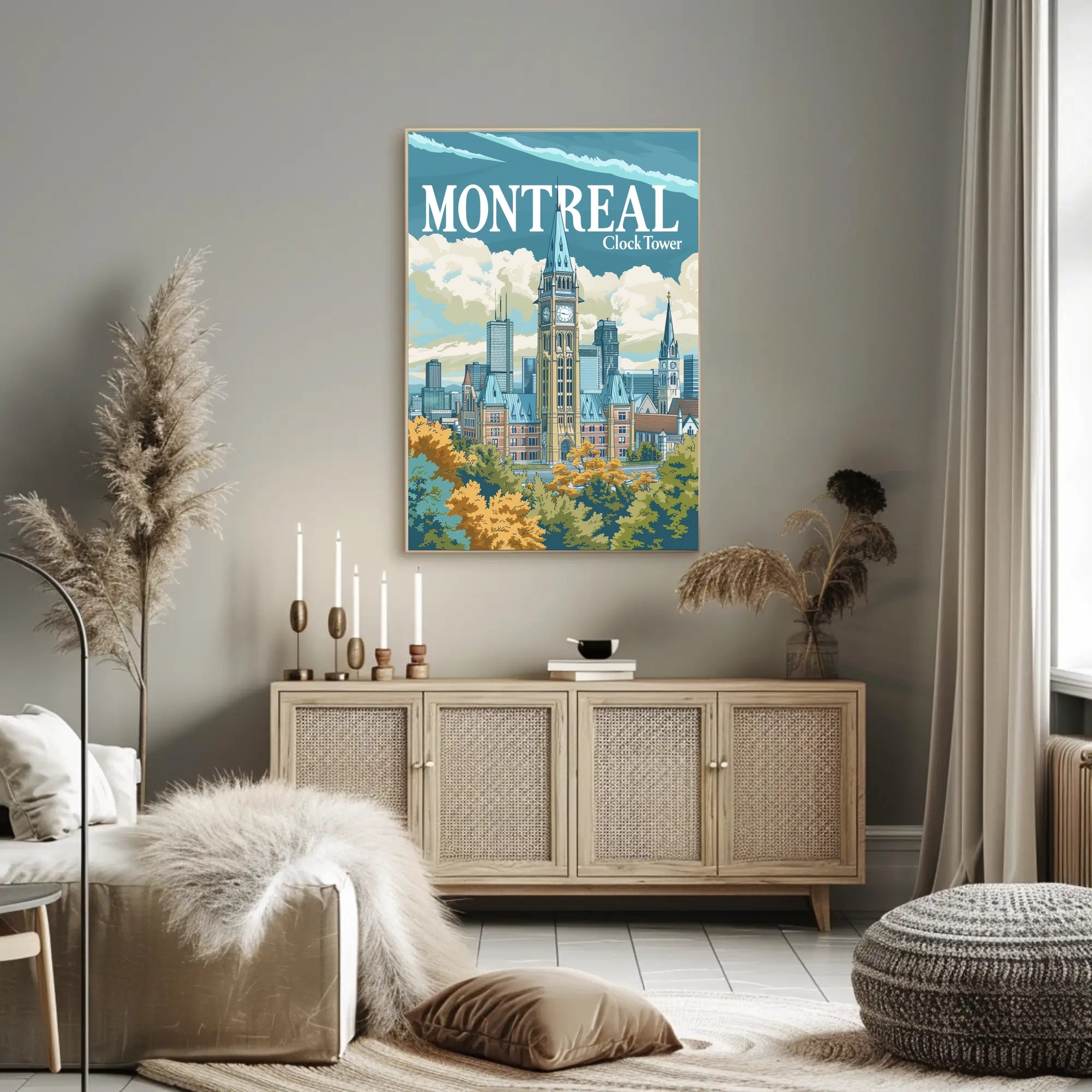 Montreal Clock Tower Vintage Cityscape Travel Poster PosterGoat