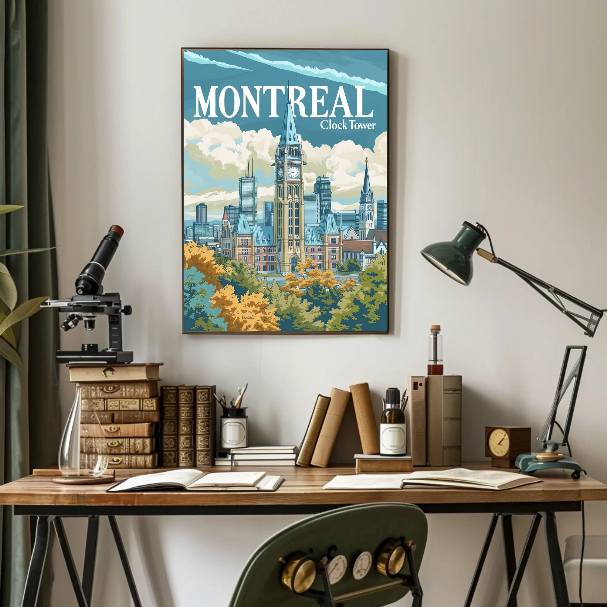 Montreal Clock Tower Vintage Cityscape Travel Poster PosterGoat