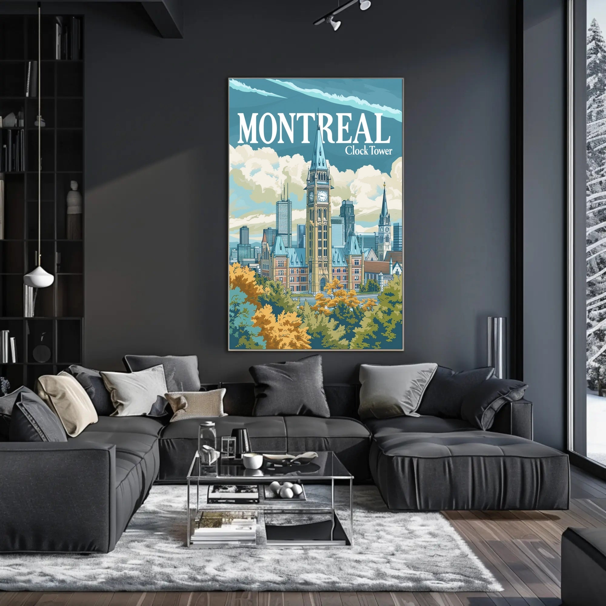 Montreal Clock Tower Vintage Cityscape Travel Poster PosterGoat