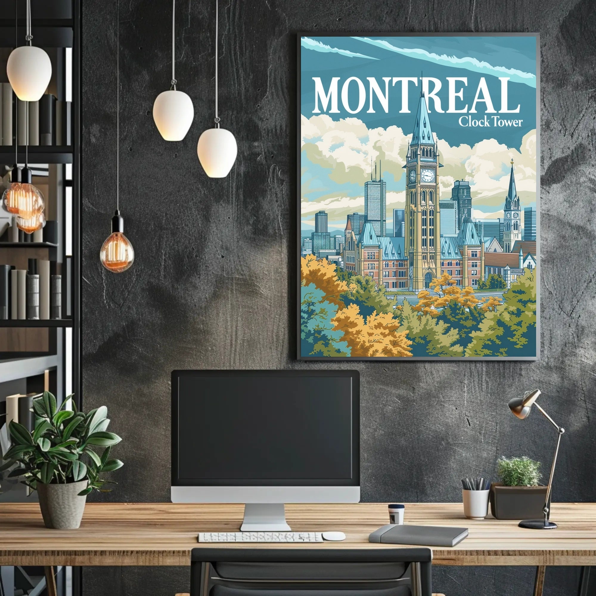 Montreal Clock Tower Vintage Cityscape Travel Poster PosterGoat