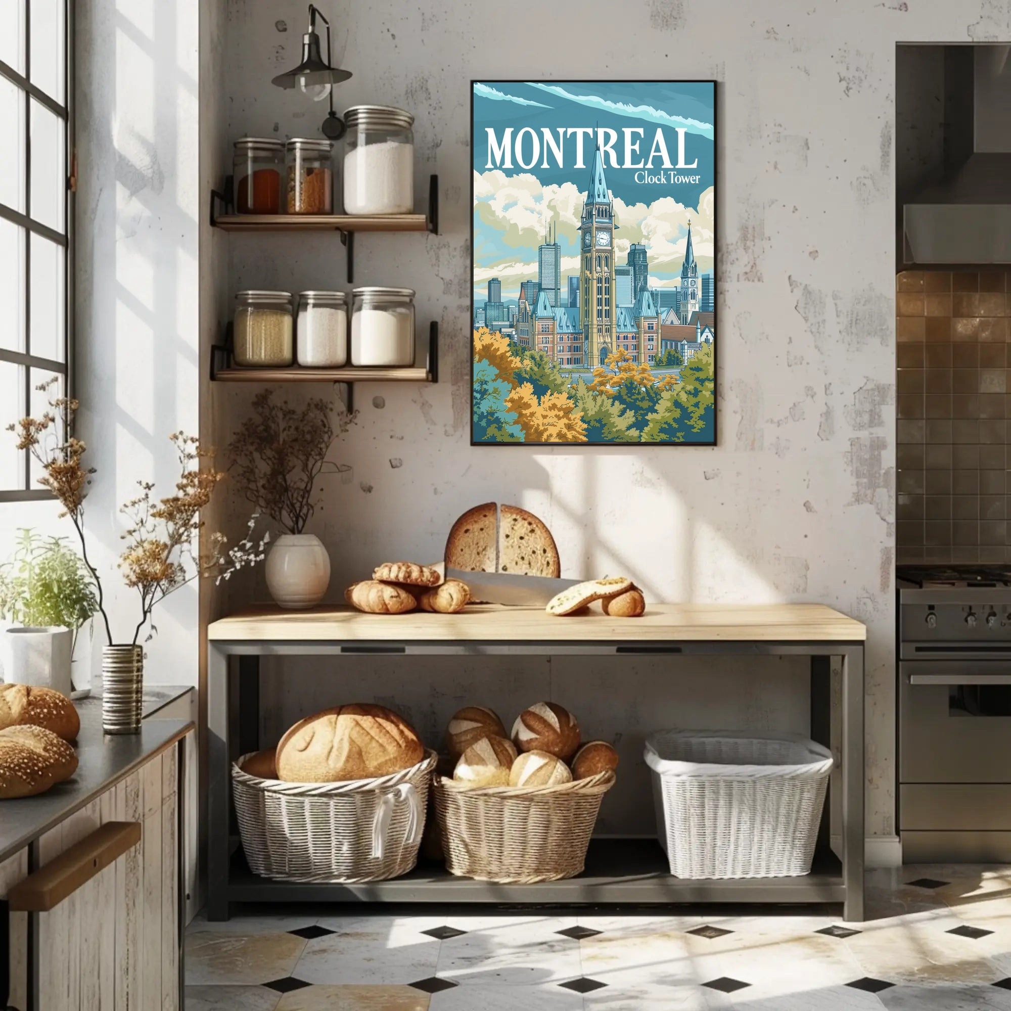 Montreal Clock Tower Vintage Cityscape Travel Poster PosterGoat