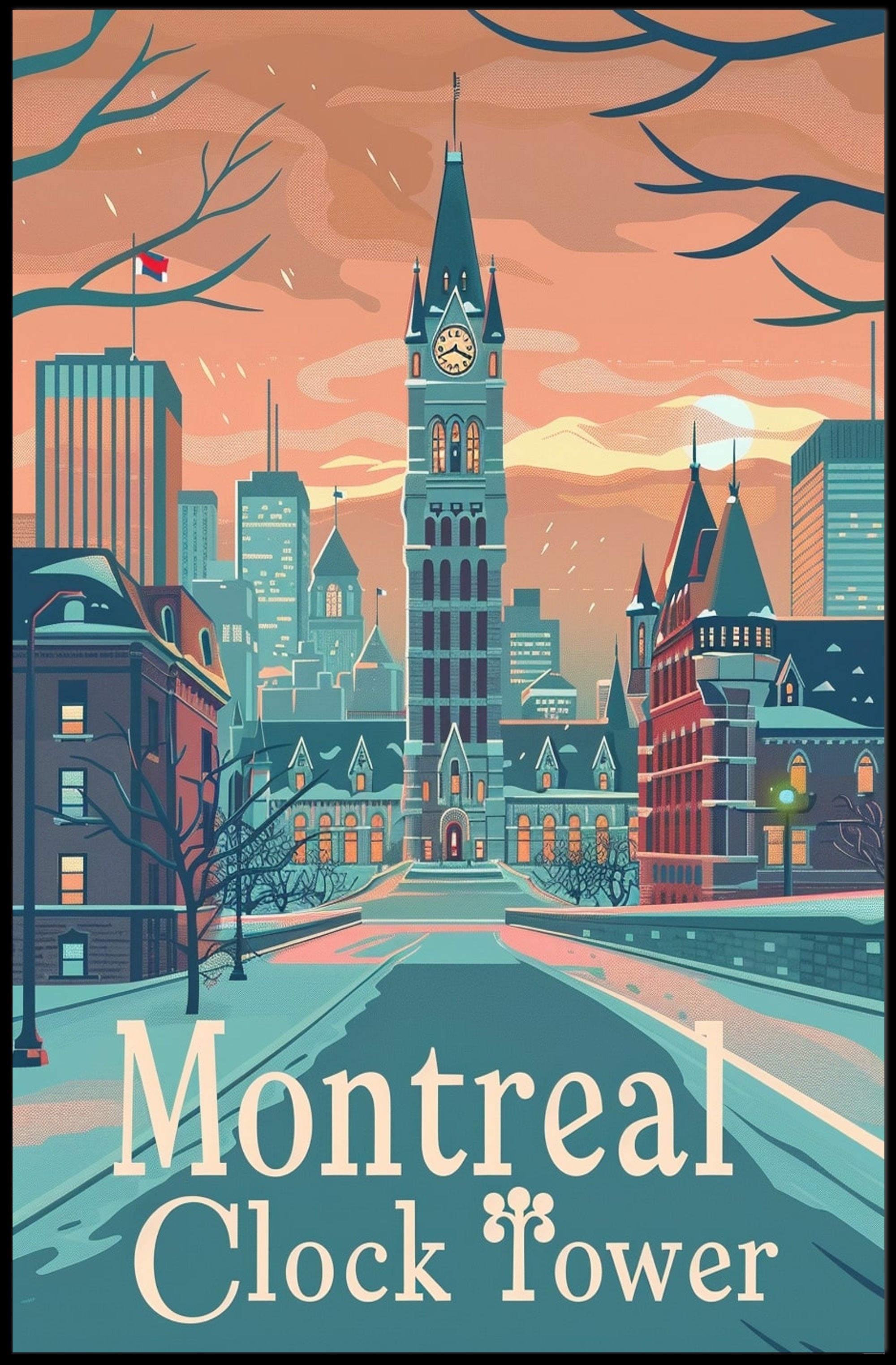 Montreal Clock Tower: Vintage Winter Travel Poster PosterGoat