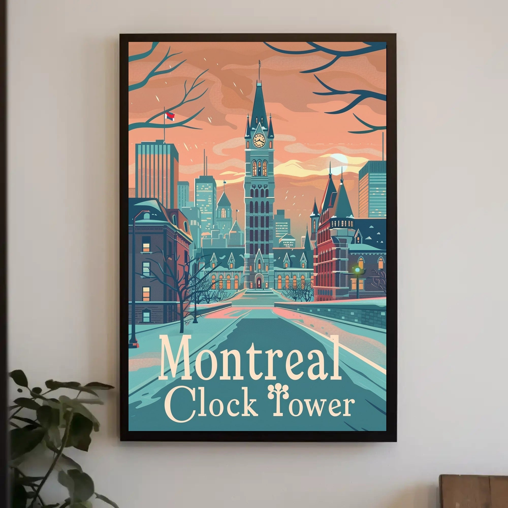 Montreal Clock Tower: Vintage Winter Travel Poster PosterGoat