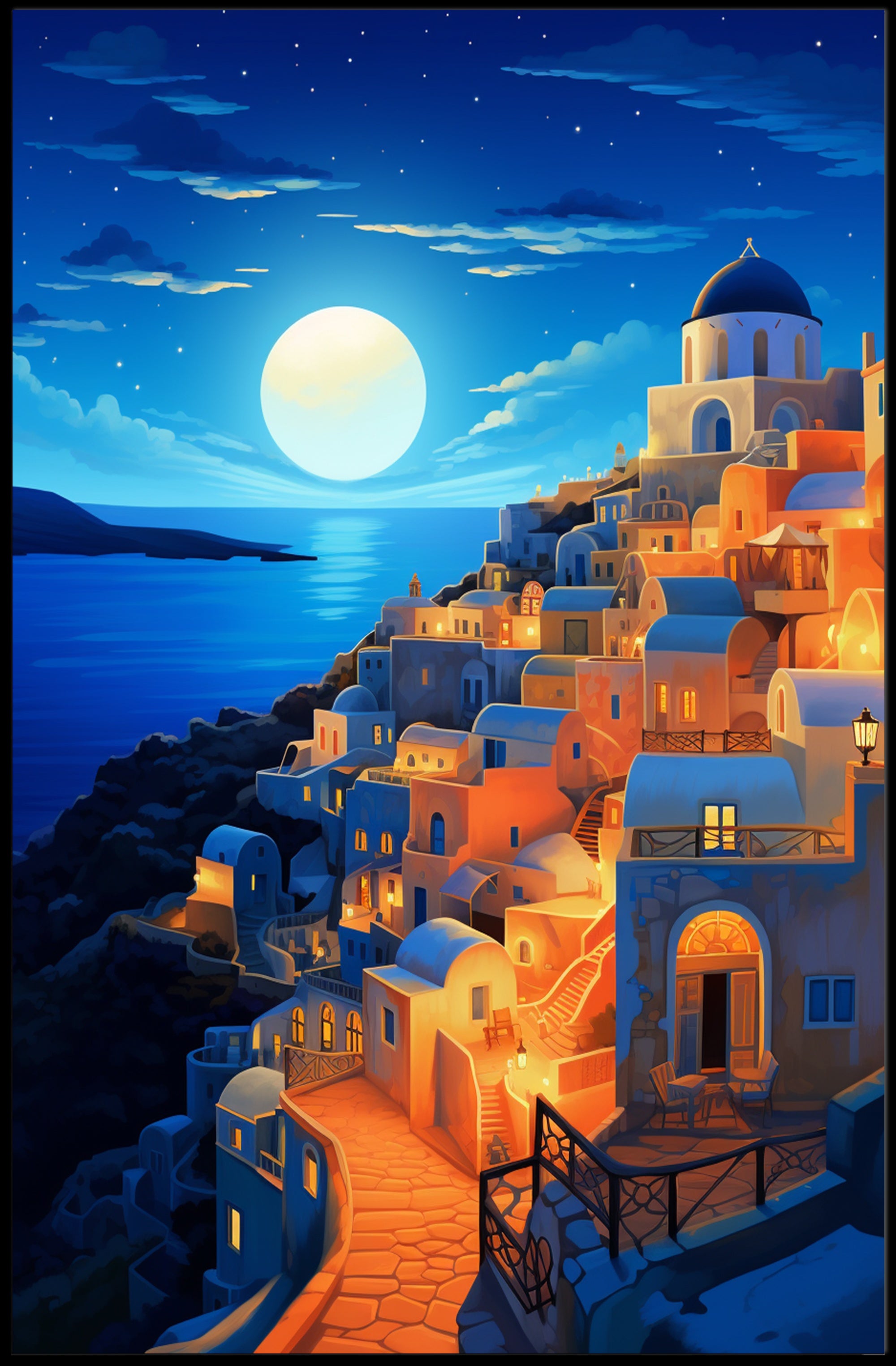 Moonlit Santorini Coastal Village Travel Poster PosterGoat