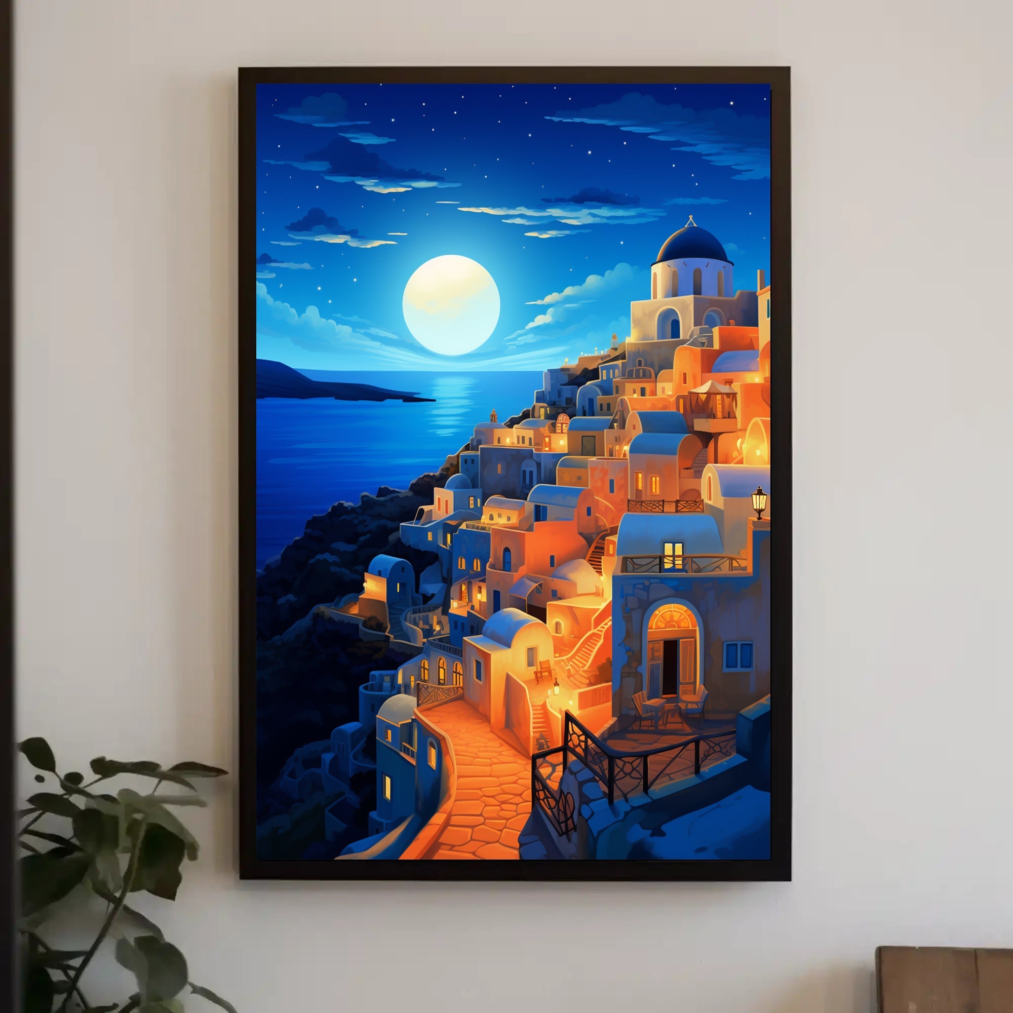 Moonlit Santorini Coastal Village Travel Poster PosterGoat