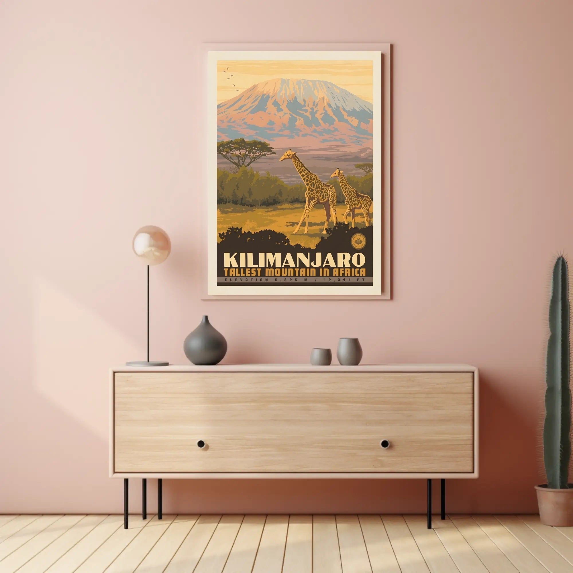 Mount Kilimanjaro Giraffes Retro Travel Poster PosterGoat