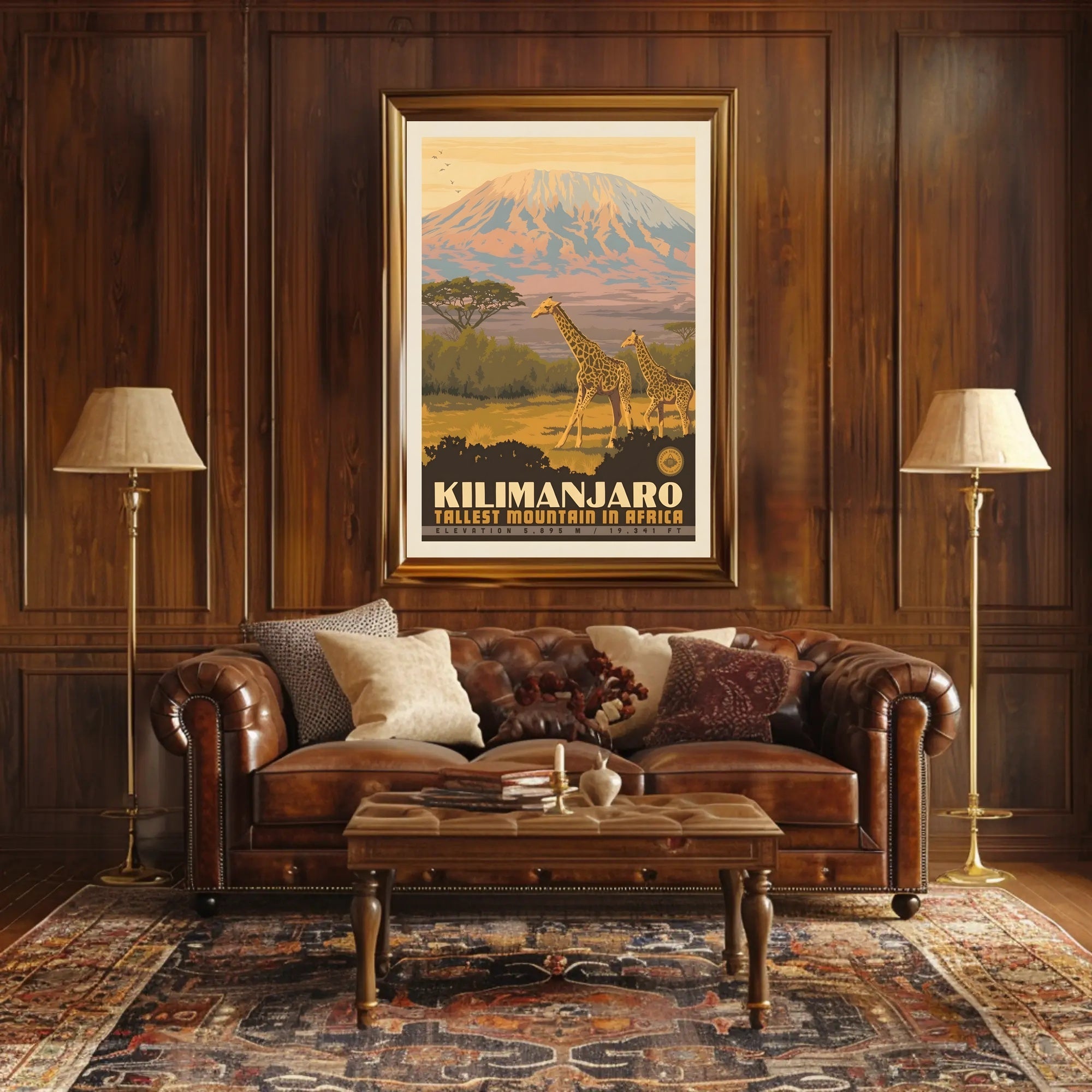 Mount Kilimanjaro Giraffes Retro Travel Poster PosterGoat