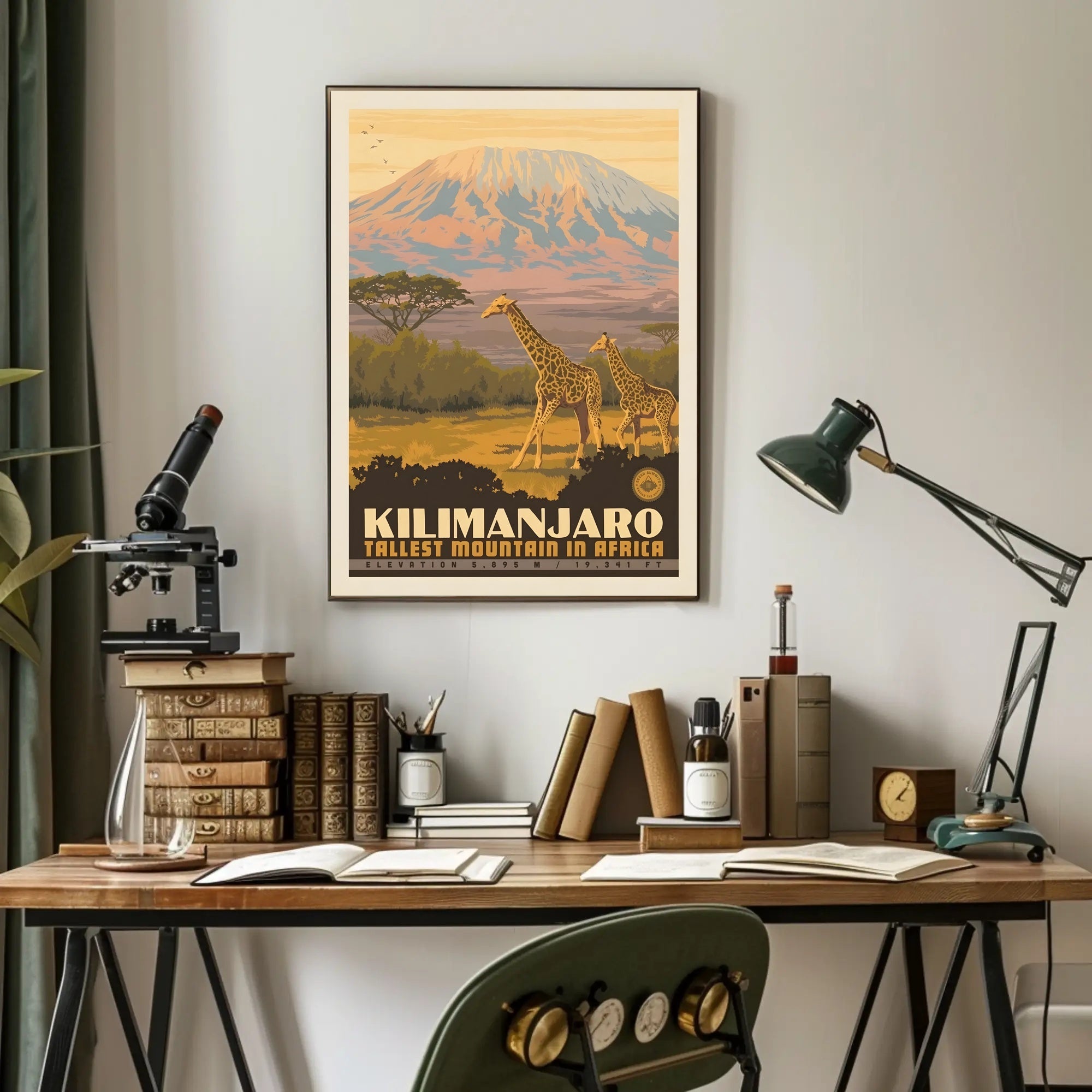 Mount Kilimanjaro Giraffes Retro Travel Poster PosterGoat