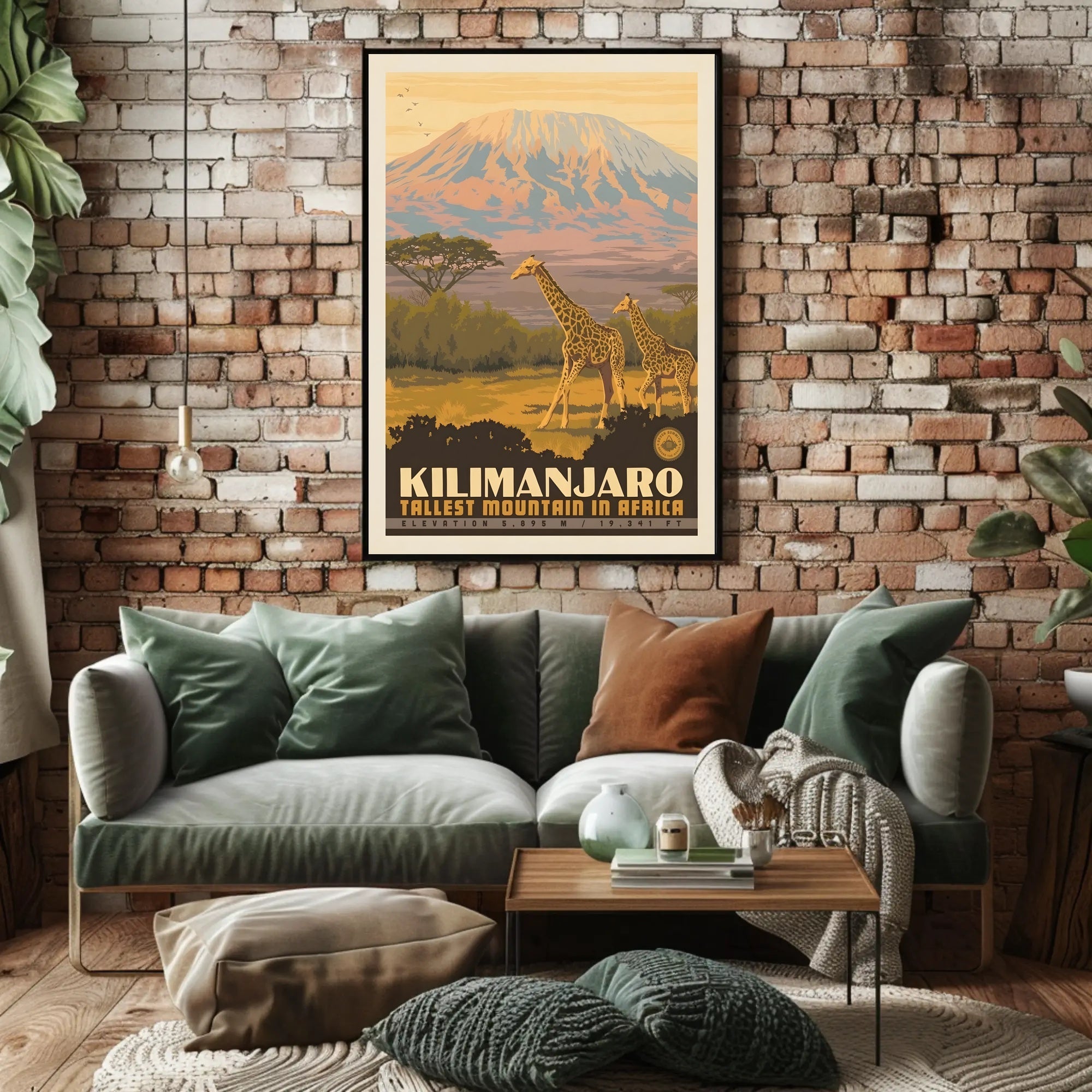 Mount Kilimanjaro Giraffes Retro Travel Poster PosterGoat