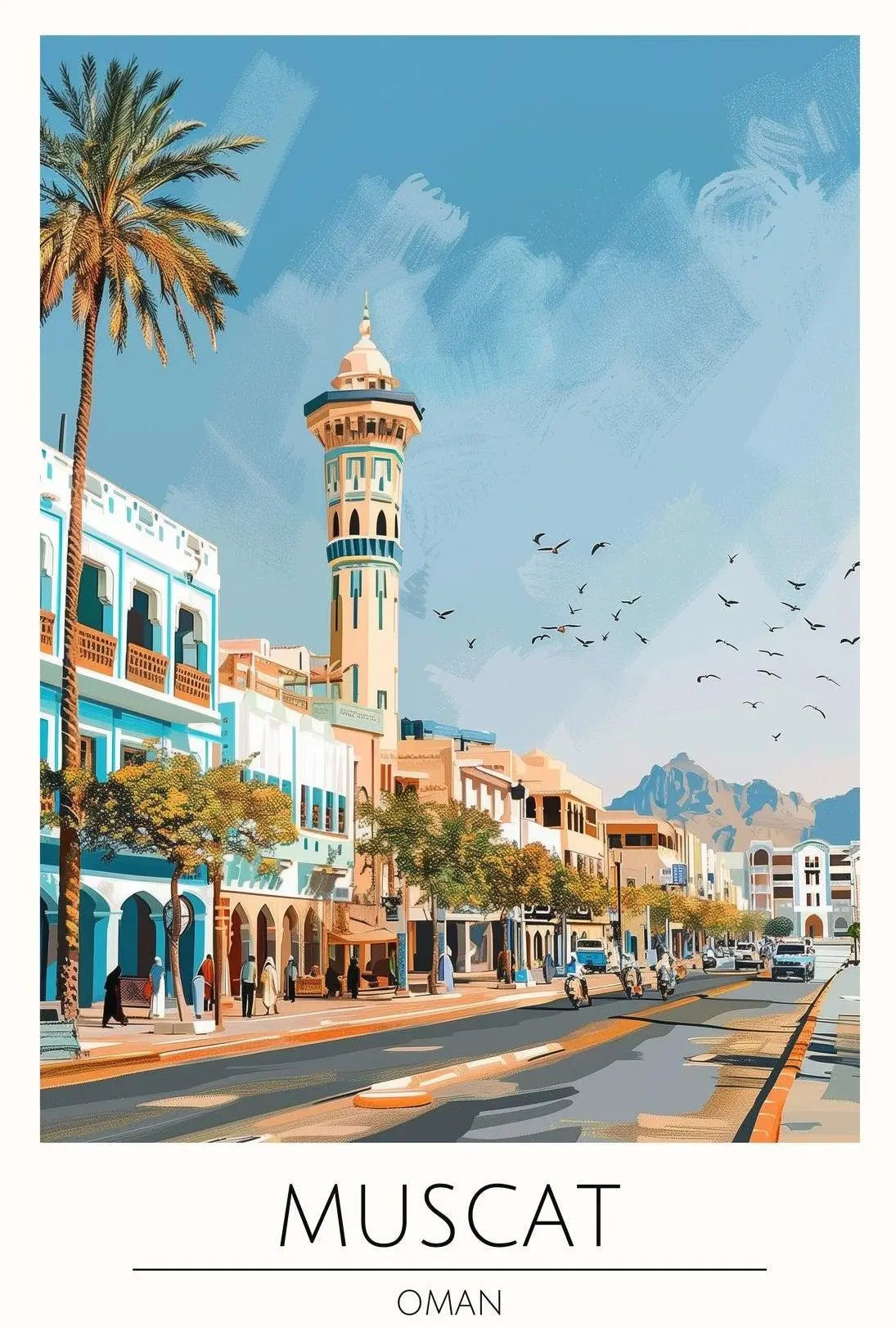 Muscat's Vibrant Street Scene Architectural Poster PosterGoat