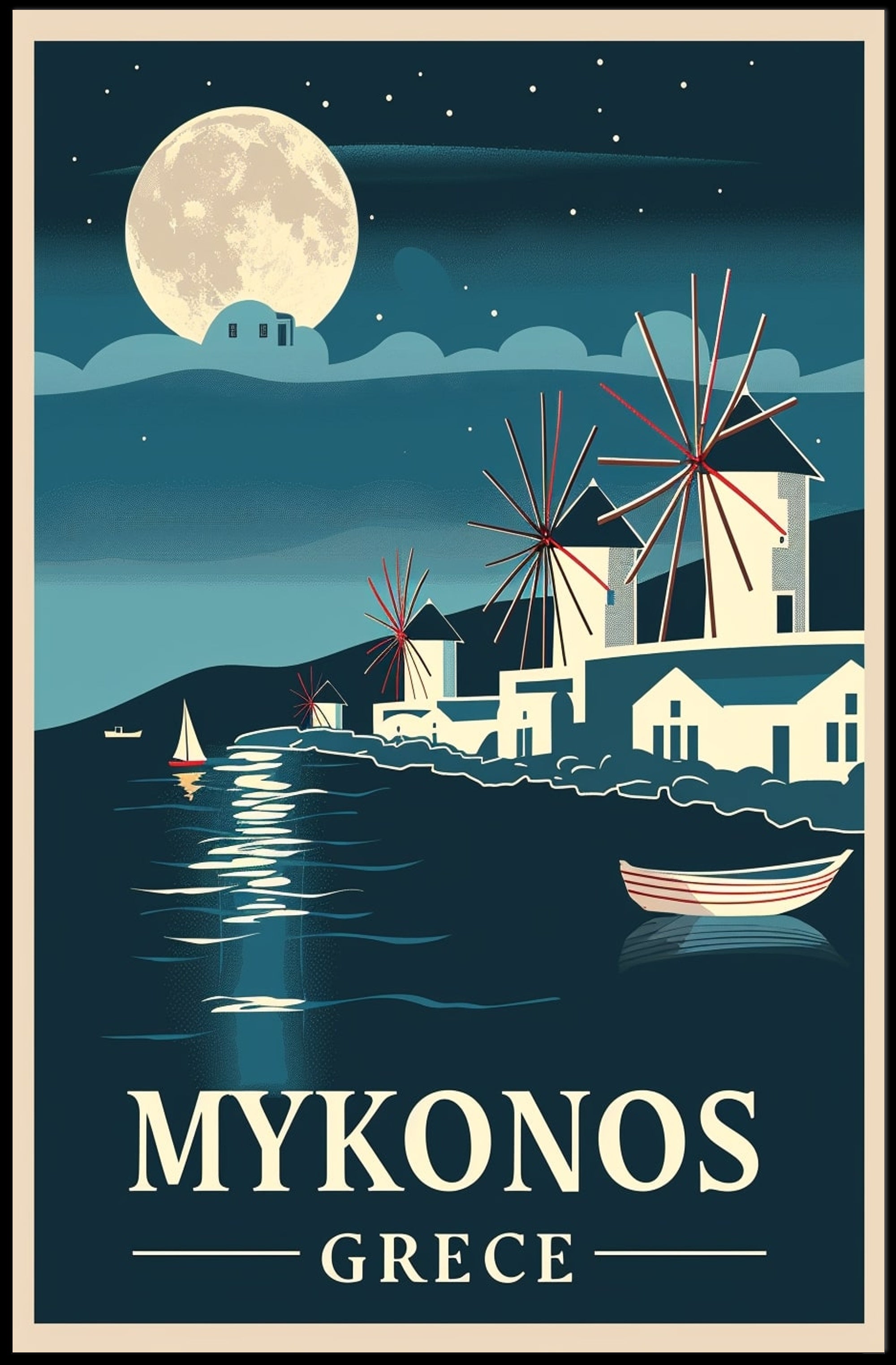 Mykonos Moonlit Serenity Vintage Travel Poster PosterGoat