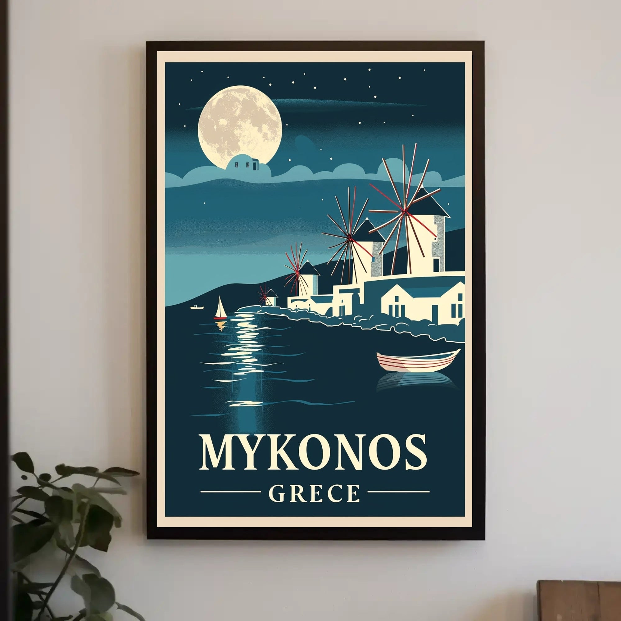 Mykonos Moonlit Serenity Vintage Travel Poster PosterGoat