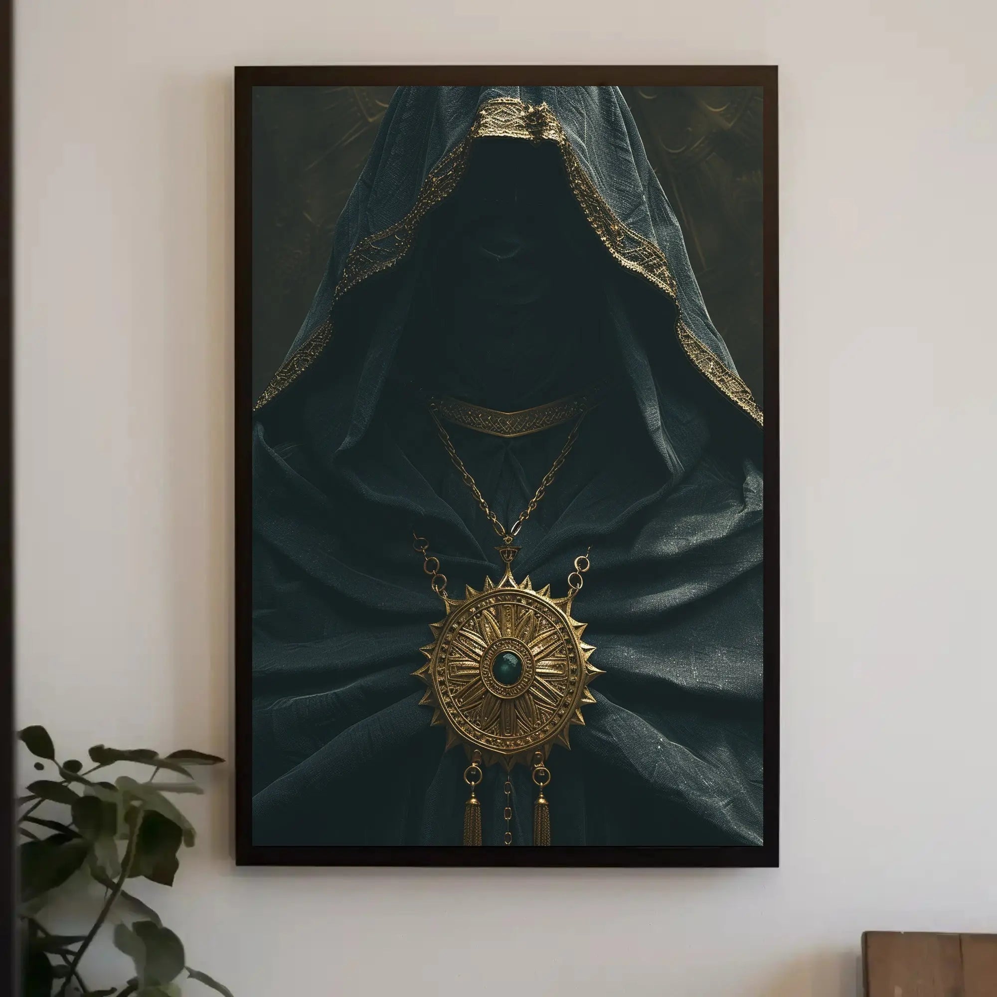 Mysterious Cloaked Figure with Ornate Medallion Fantasy Poster PosterGoat