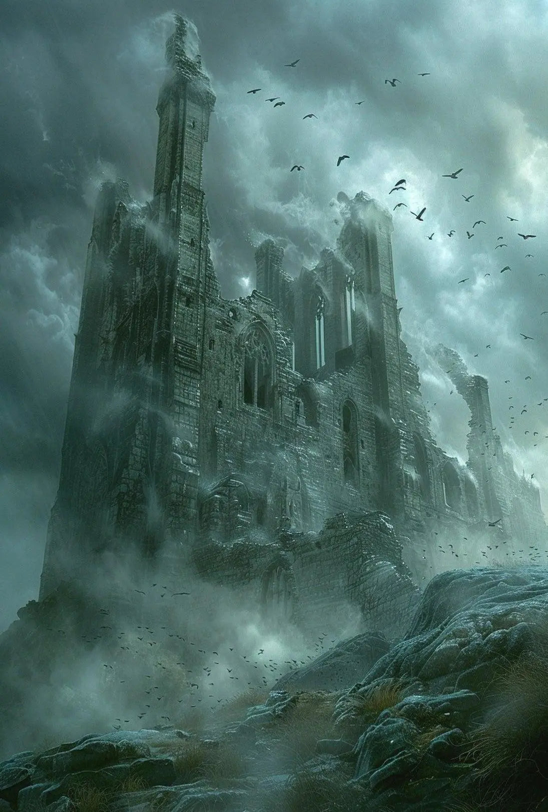 Mysterious Gothic Ruin with Crows Dark Fantasy Poster PosterGoat